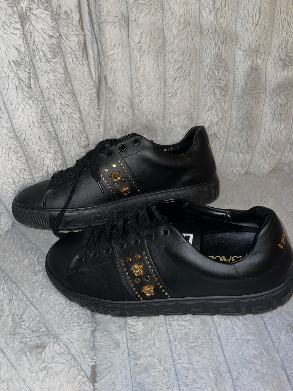 Authentic Versace Black Leather Low-Top Sneakers with Gold Medusa Studs